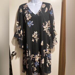 Calvin Klein Black Floral Long Sleeve Dress with sheer sleeves